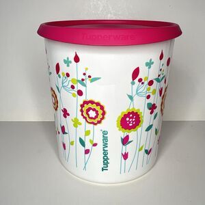 Tupperware Floral Bucket Pink Lid #2416B Plastic One Touch Kitchen Canister 8.5"
